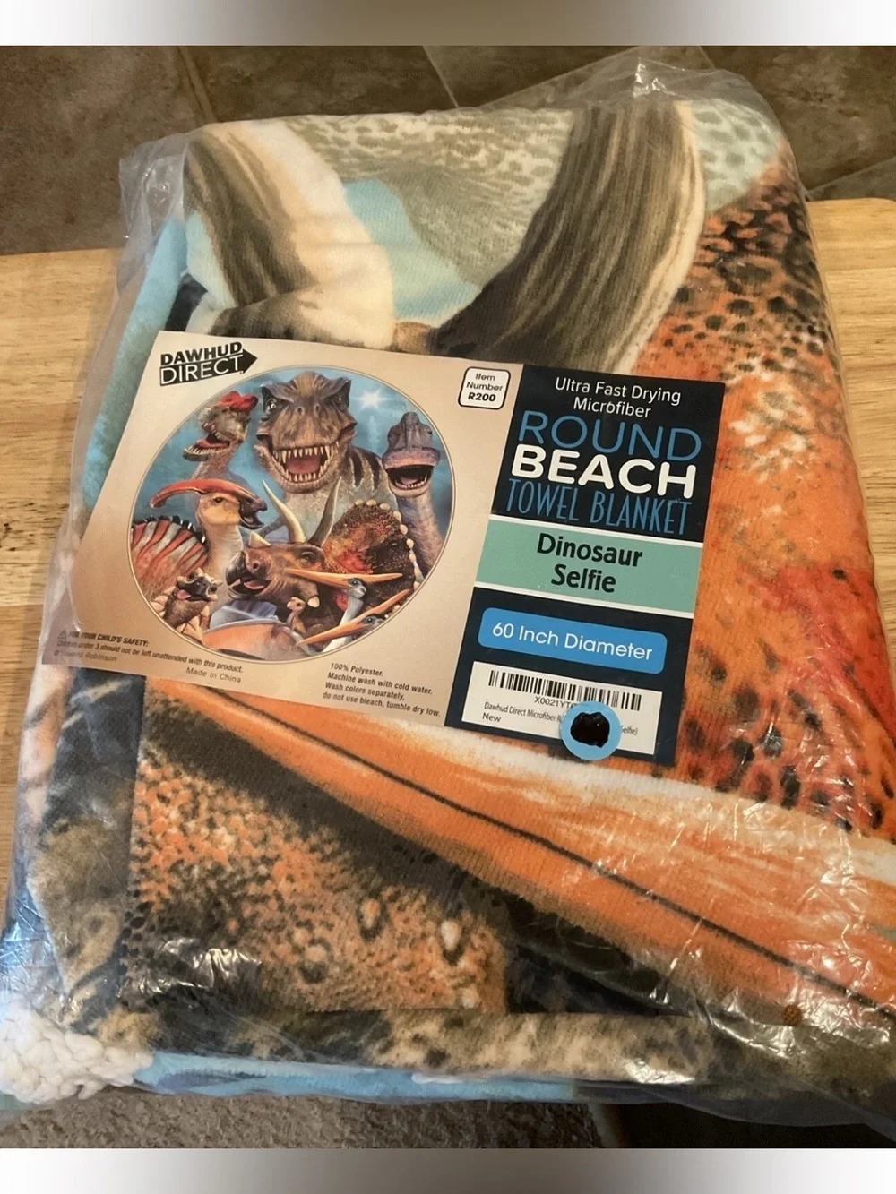 Microfiber DINOSAUR SELFIE Round Beach Towel Blanket 60” NIP